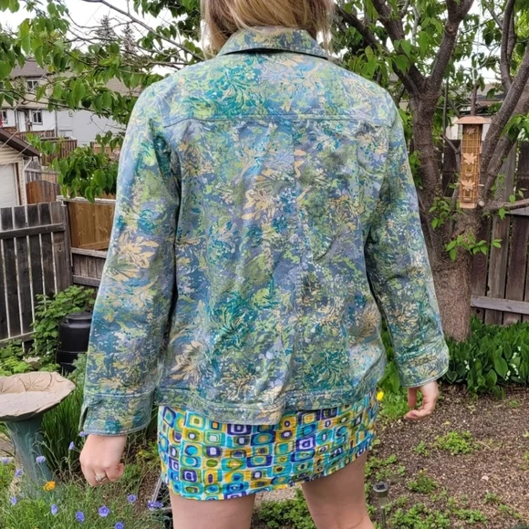 Tanjay Green and Blue Floral Tropical Graphic Print Denim Jacket - Picture 4 of 11